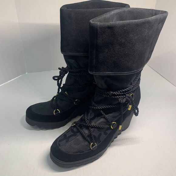 Coach Maisy Black Signature C Lace Up Wedge Boots size 8B - Picture 3 of 12